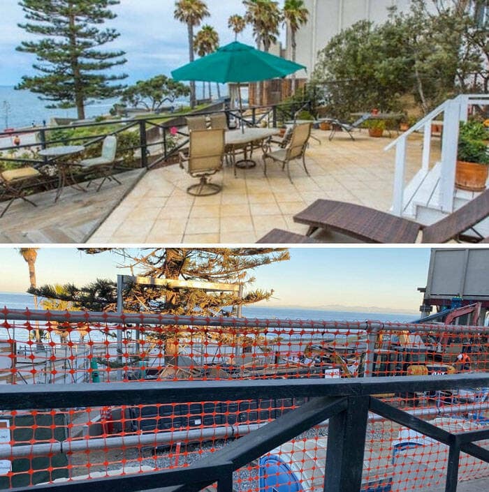 Before and after photos of an Airbnb listing showing a beautiful ocean view terrace contrasted with a construction site.