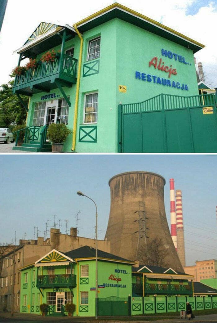 A split image showing an Airbnb listing of a charming green hotel vs the reality revealing it's next to a power plant.