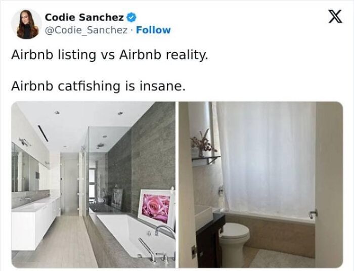 A tweet from Codie Sanchez showing an Airbnb listing of a luxurious bathroom vs the cramped, basic reality.