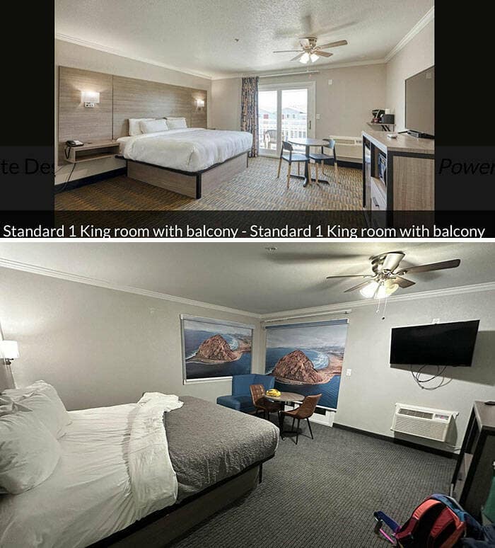 A split image contrasting an Airbnb listing photo of a spacious king room with a balcony vs a smaller, less appealing reality.