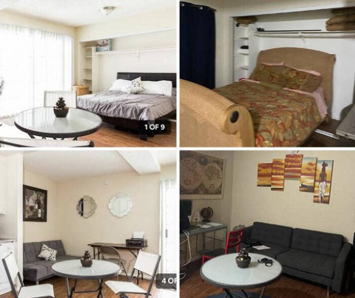 A quad-panel image comparing spacious Airbnb listing rooms with a king bed and dining area, versus a cramped, less appealing space.