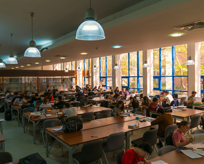 A wide shot of a brightly lit school library with many students studying at long tables, comparing school lunch in France to USA. A wide shot of a brightly lit school library with many students studying at long tables, comparing school lunch in France to USA.