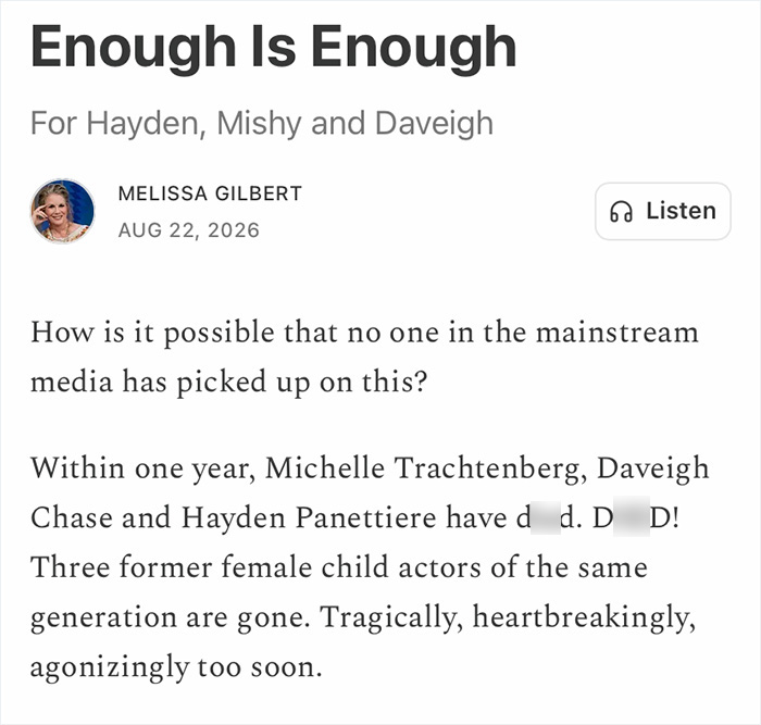 Article discussing the passings of Michelle Trachtenberg and Hayden Panettiere, highlighting child stardom. Article discussing the passings of Michelle Trachtenberg and Hayden Panettiere, highlighting child stardom.