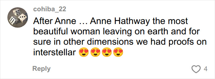 A fan comment praising Anne Hathaway's beauty, relevant to her pregnancy photos. A fan comment praising Anne Hathaway's beauty, relevant to her pregnancy photos.
