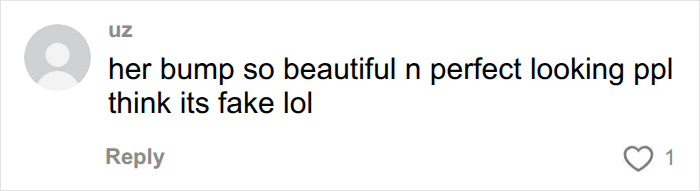 A comment discussing Anne Hathaway's beautiful baby bump, noting speculation of it being fake. A comment discussing Anne Hathaway's beautiful baby bump, noting speculation of it being fake.