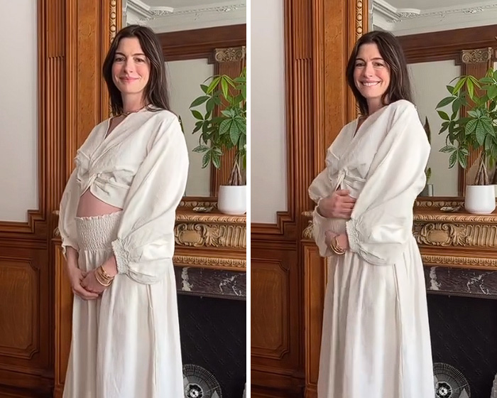 Anne Hathaway showing her maternity outfit in a two-panel image, highlighting her pregnancy. 