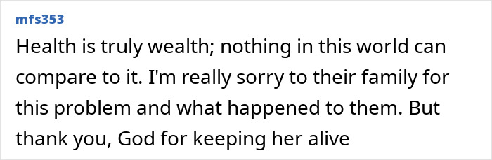 A comment from user mfs353 reflecting on health being wealth and gratitude for the strength athlete's survival.
