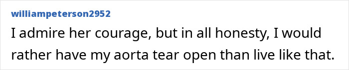 A comment about a strength athlete who loses arms and legs, expressing admiration for courage but preferring d***h.