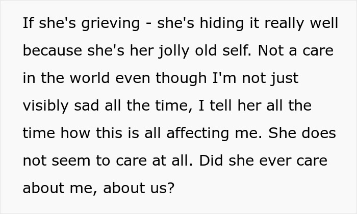 A man saddened by his wife's indifference, realizing she opened their marriage just to be with a colleague guilt-free.