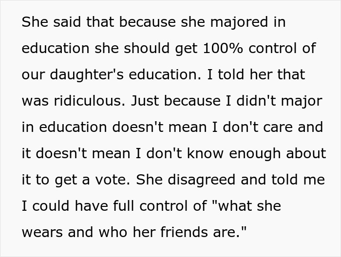 A screenshot of a text post explaining a wife's desire for 100% control over kid's education and mom's offer for wardrobe rights.