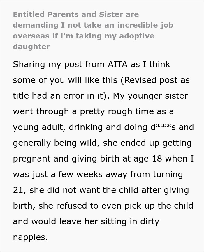 Screenshot of a post detailing how a woman adopted her troubled sister's baby and the family's reaction. Screenshot of a post detailing how a woman adopted her troubled sister's baby and the family's reaction.
