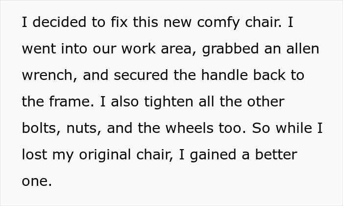 Worker Swaps Chairs Behind Colleague’s Back As His One Is Broken, Wants It Back After Getting Fixed Worker Swaps Chairs Behind Colleague’s Back As His One Is Broken, Wants It Back After Getting Fixed