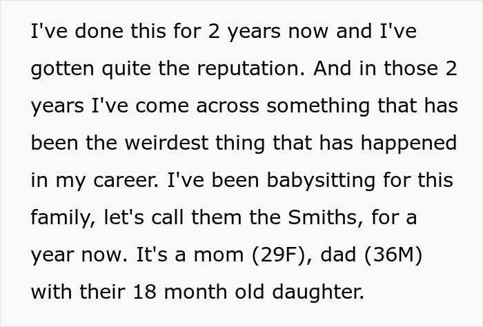 Screenshot of text detailing a babysitter's experience with parents gaslighting them about their crying baby. Screenshot of text detailing a babysitter's experience with parents gaslighting them about their crying baby.