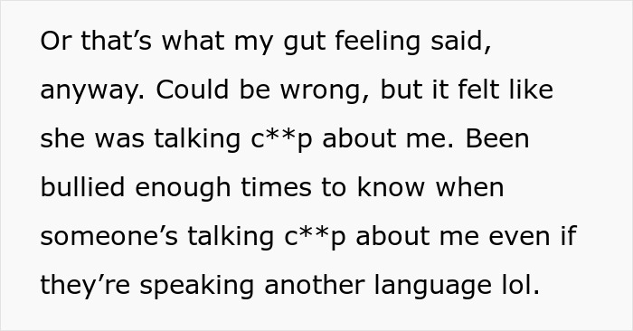 Screenshot of text: babysitter knows aunt is trying to bully her, despite aunt speaking in another language.