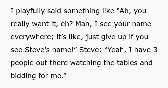 Text snippet explaining the man's charity auction strategy with multiple helpers bidding for him. Text snippet explaining the man's charity auction strategy with multiple helpers bidding for him.