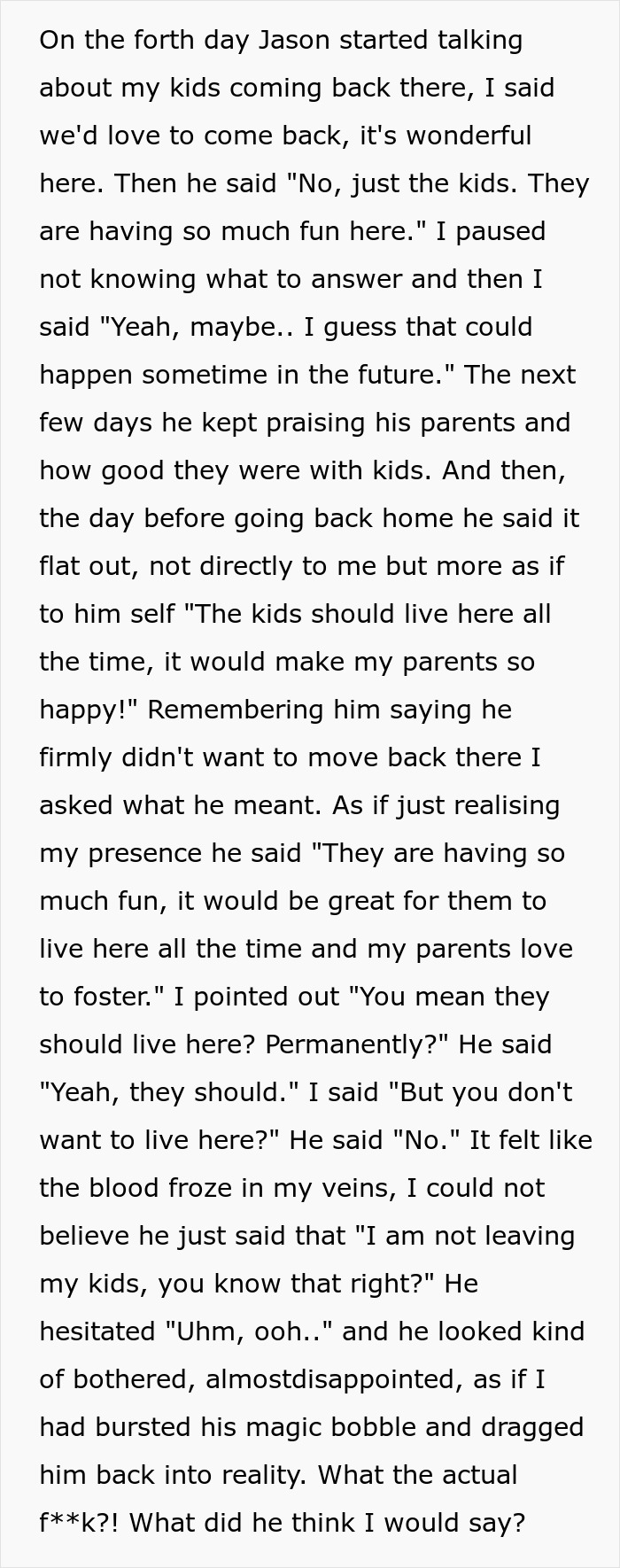 Text describing a man's preposterous compromise about his girlfriend's children living with his parents. Text describing a man's preposterous compromise about his girlfriend's children living with his parents.