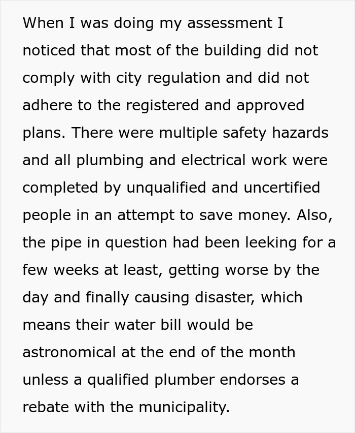Text detailing an assessment revealing a building did not comply with city regulation, had safety hazards, and unqualified plumbing. Text detailing an assessment revealing a building did not comply with city regulation, had safety hazards, and unqualified plumbing.
