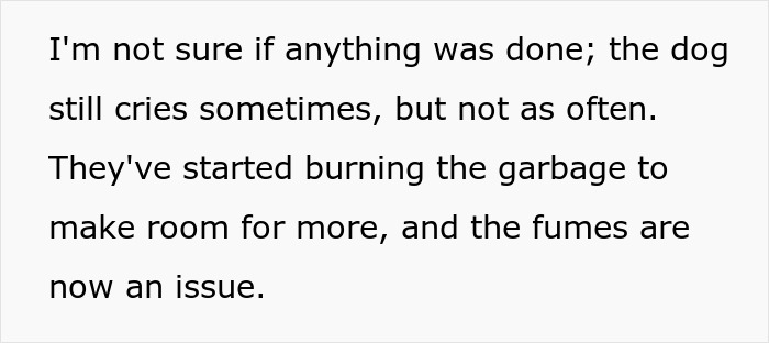 Text about squatter turning empty property into a filthy nightmare, burning garbage, and fumes issue. Text about squatter turning empty property into a filthy nightmare, burning garbage, and fumes issue.