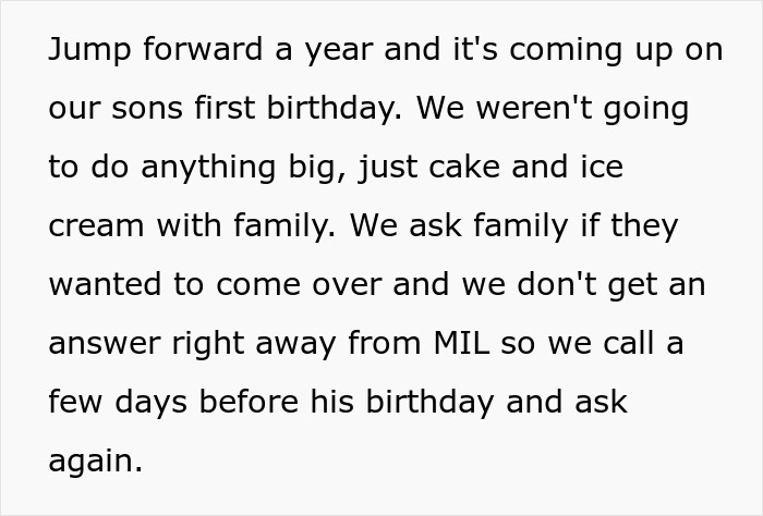 Text snippet on parents planning a small first birthday for their grandson and MIL skipping it for spoiled SIL. Text snippet on parents planning a small first birthday for their grandson and MIL skipping it for spoiled SIL.