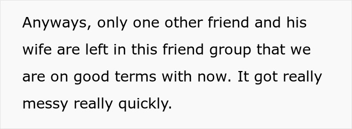 Text stating only one friend and wife remain in the social group after affairs were exposed and cheaters revealed. Text stating only one friend and wife remain in the social group after affairs were exposed and cheaters revealed.
