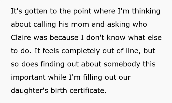 Wife discovers husband wants daughter named after his best friend and is considering calling his mother to learn more. Wife discovers husband wants daughter named after his best friend and is considering calling his mother to learn more.