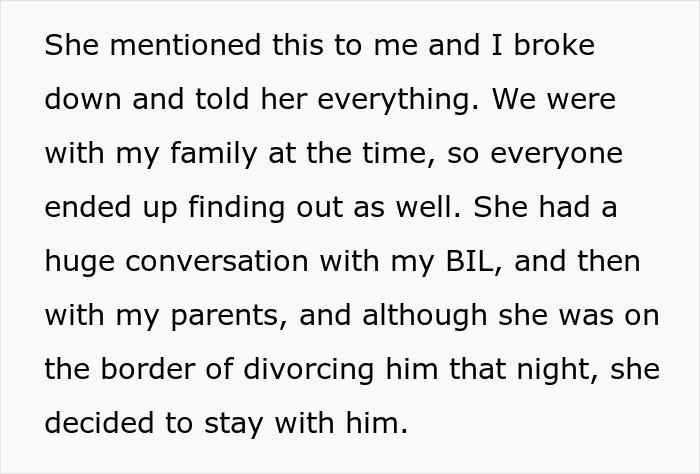 Text snippet: sister talks to her toxic BIL and parents about the issue, almost divorcing him. Text snippet: sister talks to her toxic BIL and parents about the issue, almost divorcing him.