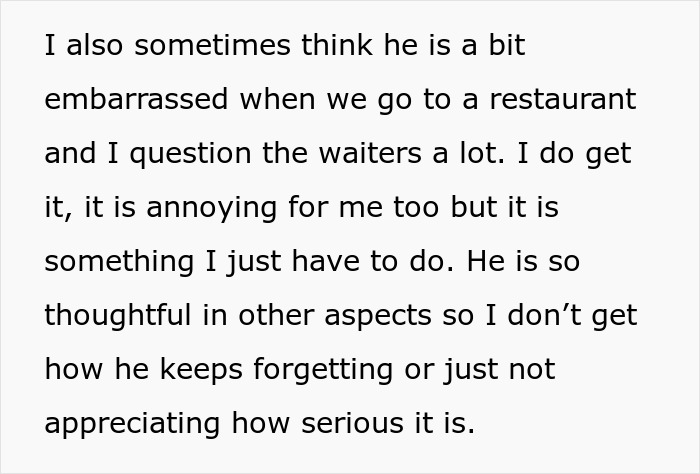 A woman is annoyed that her boyfriend keeps forgetting about her allergy and embarrasses her when she questions waiters. A woman is annoyed that her boyfriend keeps forgetting about her allergy and embarrasses her when she questions waiters.
