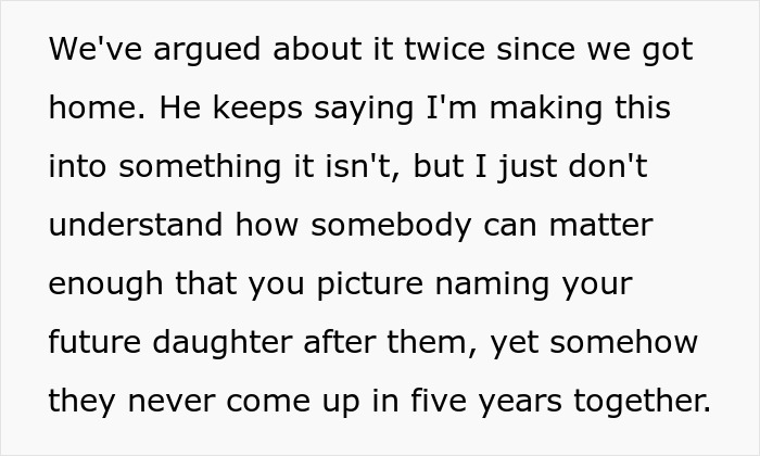 Screenshot of text about husband wanting daughter named after his best friend and wife discovering they were engaged. Screenshot of text about husband wanting daughter named after his best friend and wife discovering they were engaged.