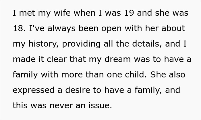 Screenshot of text detailing a mans desire for a family and his wife's previous agreement, related to conceiving.