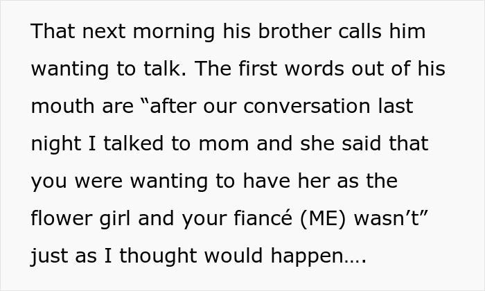 A screenshot from a wedding dispute story, showing text detailing how an in-laws' request created family tension.
