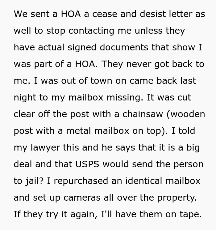 Screenshot of text discussing a resident's mailbox being cut off and replaced, leading to uncovering a secret HOA scheme.