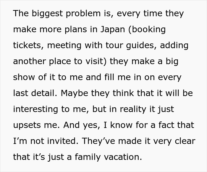A woman is upset about her boyfriend's family's cruel plan to rub her dream in her face. A woman is upset about her boyfriend's family's cruel plan to rub her dream in her face.