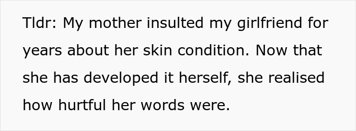 Screenshot of summary about mom insulting GF for vitiligo, then developing it herself, realizing her hurtful words.