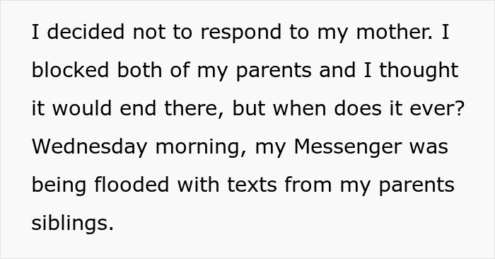 Screenshot showing a woman blocked parents but received texts from siblings after her toxic sister revealed her infertility. Screenshot showing a woman blocked parents but received texts from siblings after her toxic sister revealed her infertility.