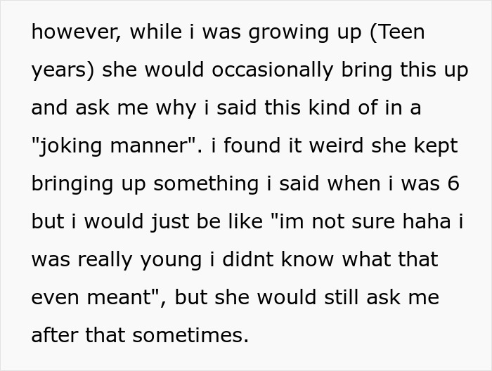 Text detailing a paranoid mom's repeated questioning about her daughter's childhood crush, straining their bond. Text detailing a paranoid mom's repeated questioning about her daughter's childhood crush, straining their bond.