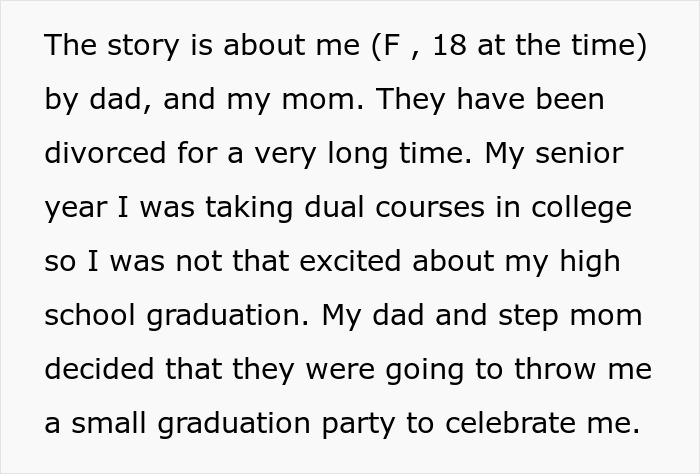 Screenshot of text about dad, ex, and daughter's graduation party preparation. Screenshot of text about dad, ex, and daughter's graduation party preparation.