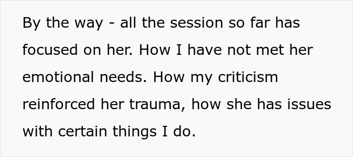Text explaining a wife opened marriage to be with colleague guilt-free, focusing on her emotional needs and trauma.