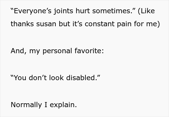 A white background with text about a woman's disability and joints, mentioning a relative's doubt.