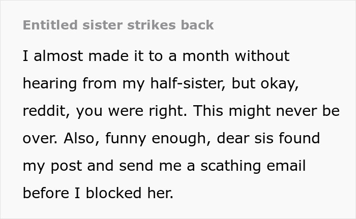 Text about a half-sister taunting a woman over infertility, then wanting her to be a mom to her baby.