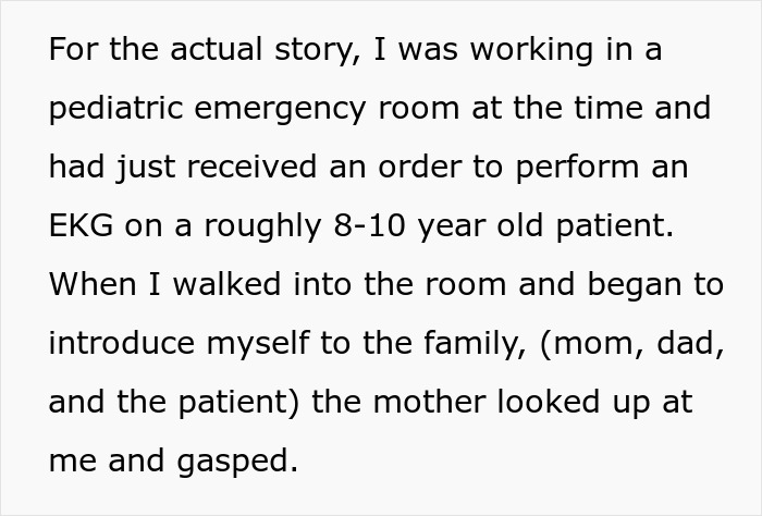 Screenshot of text describing a medical worker's encounter with a mom who mistakes a prosthetic ear for a costume. Screenshot of text describing a medical worker's encounter with a mom who mistakes a prosthetic ear for a costume.