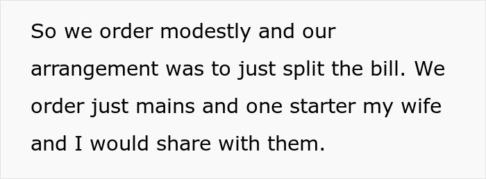Text snippet: The couple ordered modestly, expecting to split the bill, unaware of neighbors' plan to make them pay. Text snippet: The couple ordered modestly, expecting to split the bill, unaware of neighbors' plan to make them pay.