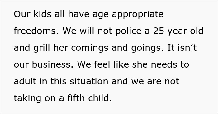 A screenshot of text about the couple not wanting to house their 25YO niece and take on a fifth child, deciding against family expectations. A screenshot of text about the couple not wanting to house their 25YO niece and take on a fifth child, deciding against family expectations.