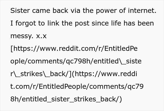 Text showing a Reddit link where the half-sis story continues online, regarding infertility and being a mom.