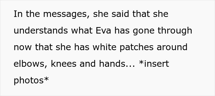 Text snippet: Guy's mom makes GF's vitiligo her favorite insult, but now she developed white patches around elbows, knees and hands.