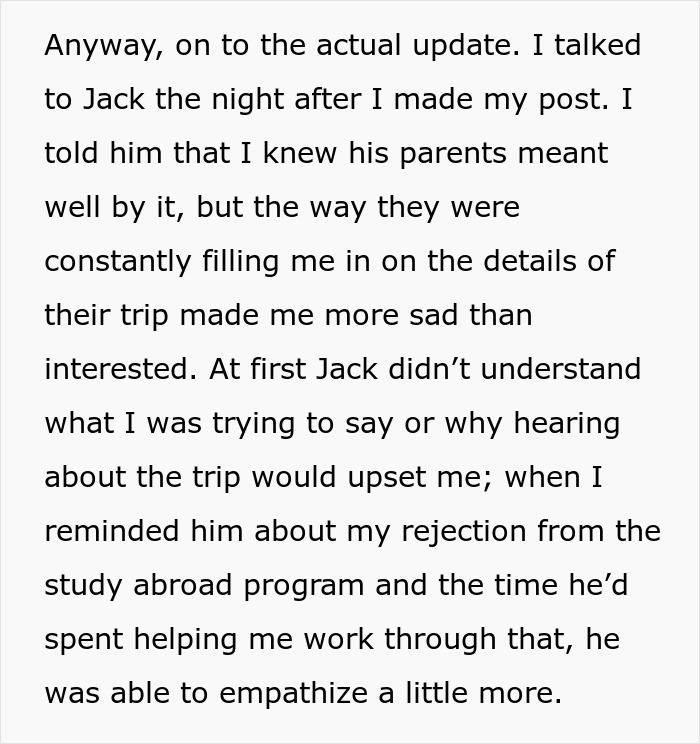 A Reddit post about a woman confronting her boyfriend about his family's cruel plan and their trip details. A Reddit post about a woman confronting her boyfriend about his family's cruel plan and their trip details.