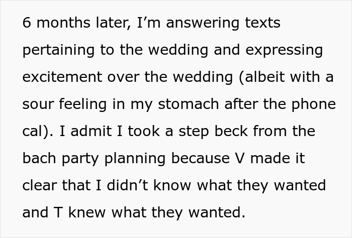 Text describing the ongoing impact of a bachelorette date dispute, leading to friendship ending and wedding planning stress. Text describing the ongoing impact of a bachelorette date dispute, leading to friendship ending and wedding planning stress.