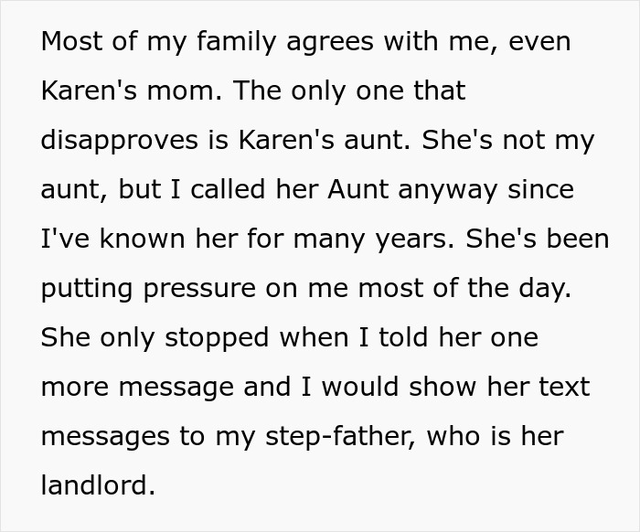Family members agree with the woman refusing to help, except Karen's aunt, regarding the baby and infertility taunts.