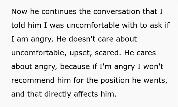 Text: A woman describes a coworker continuing to ask about her marital status, ignoring her discomfort about using her number.
