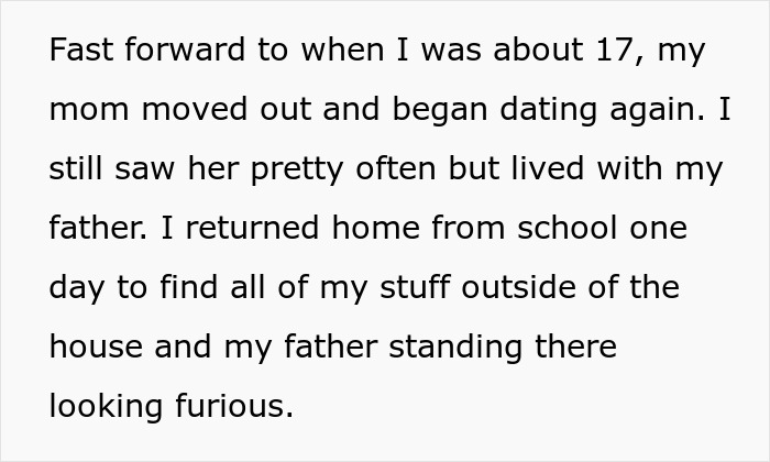 Text from a post describing the woman's father being furious after her mom moved out, fueling her dessert tampering suspicions.