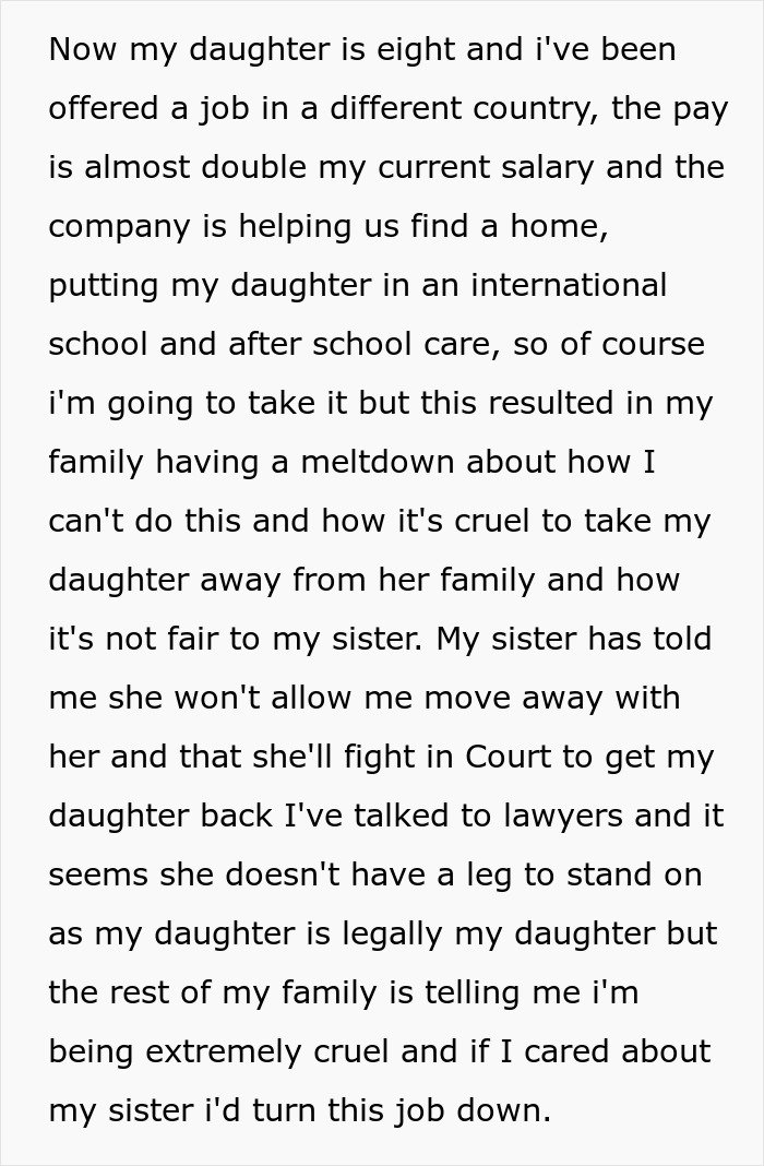 A screenshot of text about the drama caused by a woman adopting her troubled sister's baby and moving for a job. A screenshot of text about the drama caused by a woman adopting her troubled sister's baby and moving for a job.